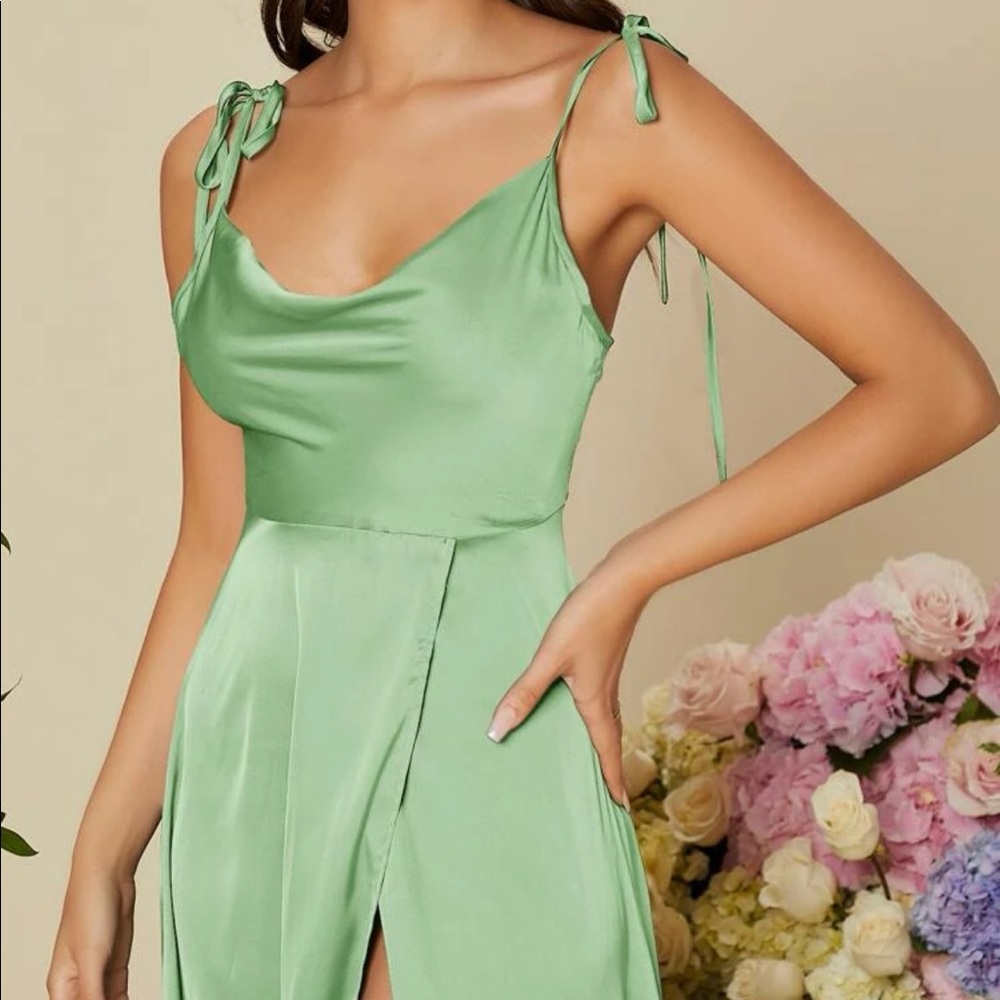 Luxurious tie shoulder wrap satin formal prom wedding evening party maxi dress - Picture 10 of 10
